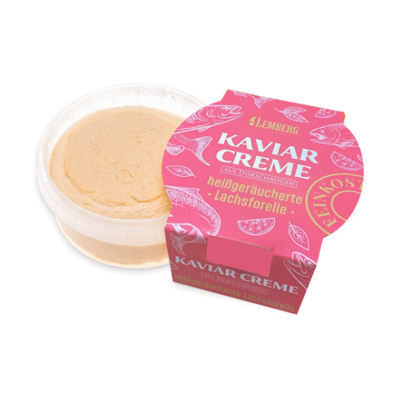 Crema de caviar de huevas de bacalao con trucha asalmonada ahumada en caliente, 150 g